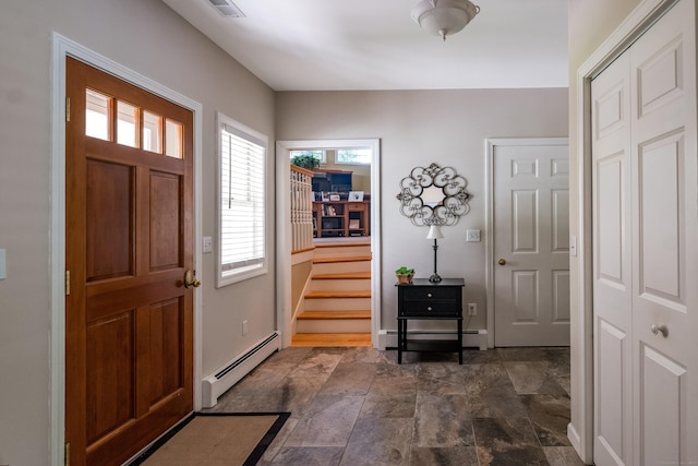 10 Oak Dr, Essex, CT 06409 - entrance foyer with a baseboard heating unit, dark stone finish floors, and stairs