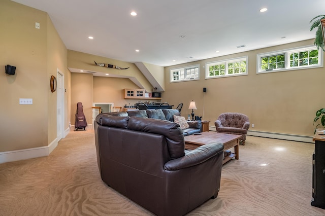 10 Oak Dr, Essex, CT 06409 - living room featuring a baseboard heating unit, light carpet, and recessed lighting