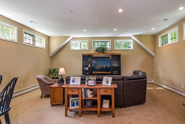 10 Oak Dr, Essex, CT 06409 - living area featuring carpet floors, a baseboard heating unit, and recessed lighting