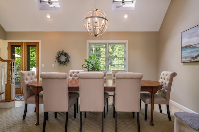 10 Oak Dr, Essex, CT 06409 - dining area featuring lofted ceiling, plenty of natural light, a skylight, a chandelier, and recessed lighting
