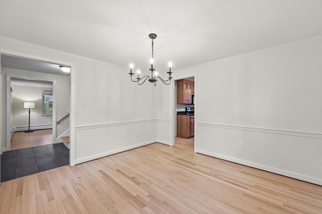 30 Clifdon Dr, Simsbury, CT 06070 - unfurnished dining area featuring a chandelier, light wood-style flooring, ornamental molding, a baseboard heating unit, and stairway