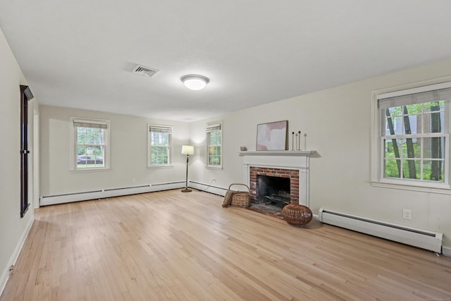30 Clifdon Dr, Simsbury, CT 06070 - unfurnished living room featuring a baseboard heating unit, wood finished floors, and a fireplace