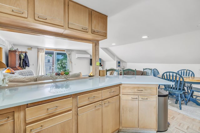 16 Senga Rd, Norwalk, CT 06854 - kitchen with open floor plan, light countertops, a wall mounted air conditioner, light brown cabinets, and recessed lighting