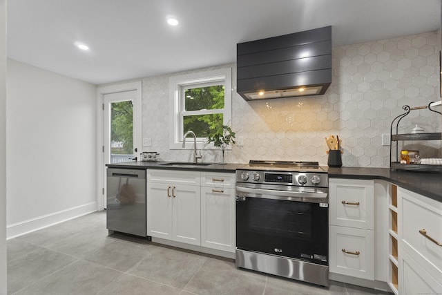 18 King St, Old Saybrook, CT 06475 - kitchen featuring appliances with stainless steel finishes, ventilation hood, dark countertops, tasteful backsplash, and white cabinets