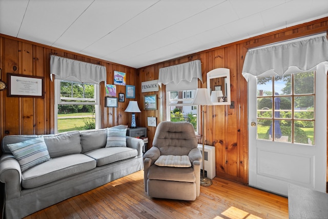 16 Lynde St, Old Saybrook, CT 06475 - living room with healthy amount of natural light, wooden walls, light wood-style floors, and radiator heating unit
