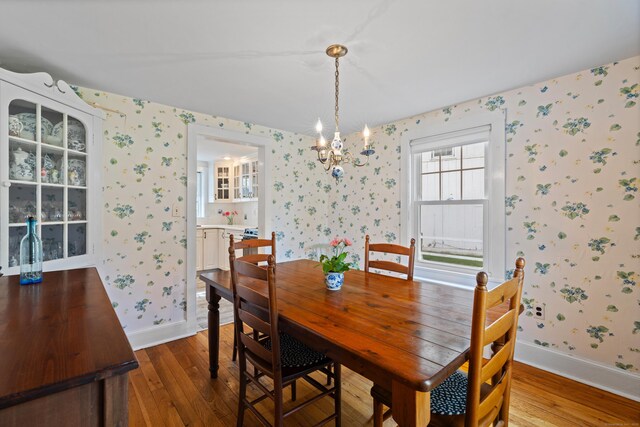 16 Lynde St, Old Saybrook, CT 06475 - dining room featuring wallpapered walls, wood-type flooring, and a chandelier