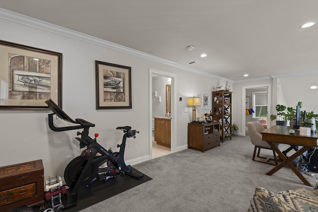 181 Ridgewood Dr Unit 181, Middlebury, CT 06762 - workout room with light carpet, ornamental molding, and recessed lighting