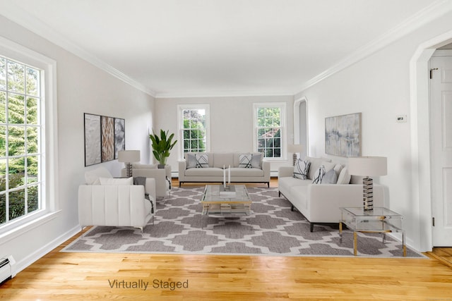 90 Chamberlain Dr, Shelton, CT 06484 - living area with arched walkways, wood finished floors, ornamental molding, and a baseboard radiator