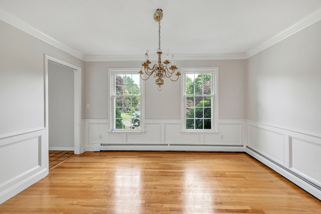 90 Chamberlain Dr, Shelton, CT 06484 - unfurnished dining area with a chandelier, a baseboard heating unit, ornamental molding, light wood-style flooring, and a wainscoted wall