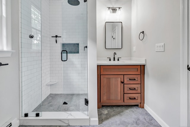 90 Chamberlain Dr, Shelton, CT 06484 - full bath with a shower stall, vanity, and a baseboard heating unit