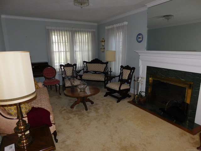 58 Edward St, East Haven, CT 06512 - carpeted living area featuring ornamental molding and a fireplace