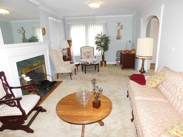 58 Edward St, East Haven, CT 06512 - living room featuring ornamental molding, a high end fireplace, and carpet flooring