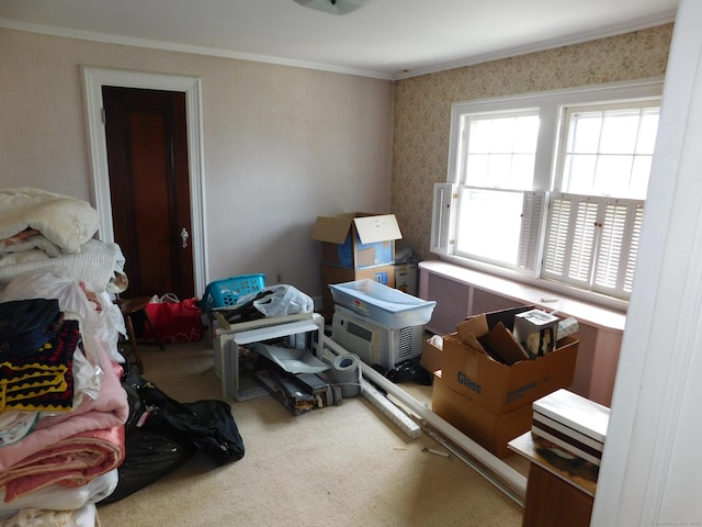 58 Edward St, East Haven, CT 06512 - carpeted bedroom featuring wallpapered walls and ornamental molding
