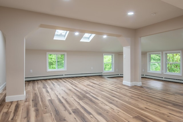 859 Ekonk Hill Rd, Voluntown, CT 06384 - unfurnished room featuring a baseboard heating unit, a skylight, light wood finished floors, vaulted ceiling, and recessed lighting