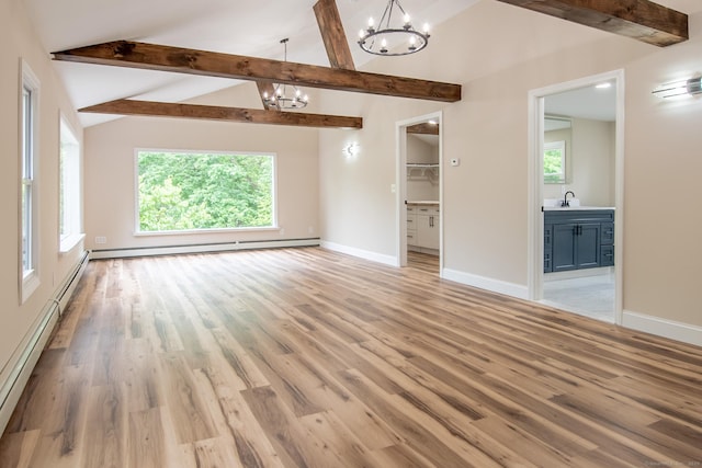 859 Ekonk Hill Rd, Voluntown, CT 06384 - empty room with a chandelier, a baseboard radiator, light wood-type flooring, and healthy amount of natural light
