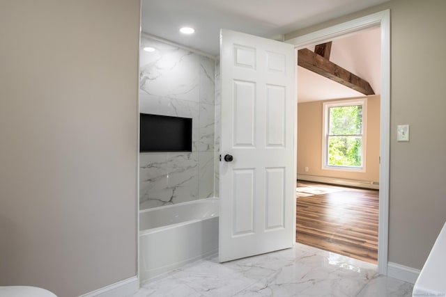 859 Ekonk Hill Rd, Voluntown, CT 06384 - full bath featuring marble look tile flooring, baseboard heating, and recessed lighting
