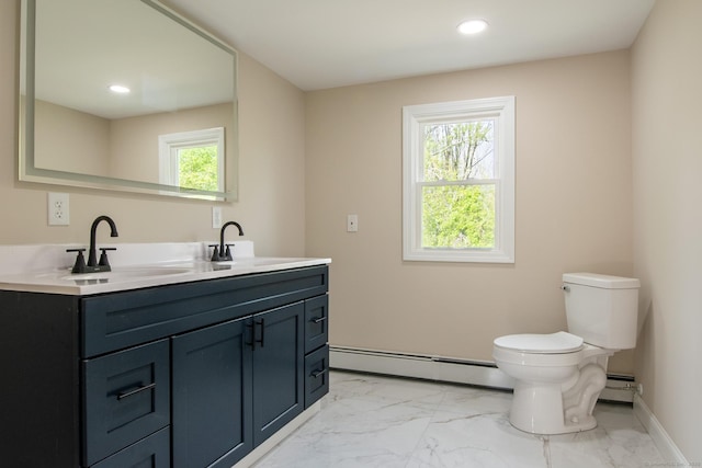 859 Ekonk Hill Rd, Voluntown, CT 06384 - bathroom featuring baseboard heating, marble finish floors, double vanity, and recessed lighting