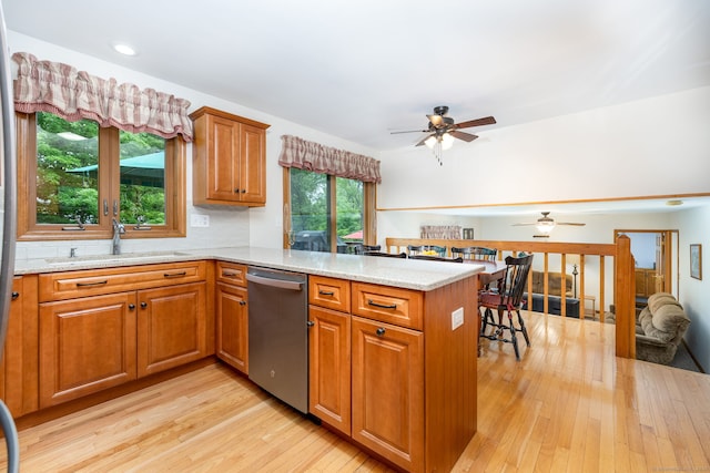 6 Old Sawmill Dr, Beacon Falls, CT 06403 - kitchen featuring dishwasher, a ceiling fan, a peninsula, light wood-type flooring, and brown cabinetry