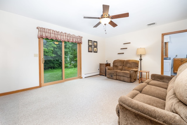 6 Old Sawmill Dr, Beacon Falls, CT 06403 - living area featuring a baseboard radiator, washer / clothes dryer, carpet flooring, and ceiling fan