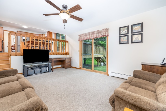 6 Old Sawmill Dr, Beacon Falls, CT 06403 - carpeted living area with a baseboard heating unit, ceiling fan, and stairs