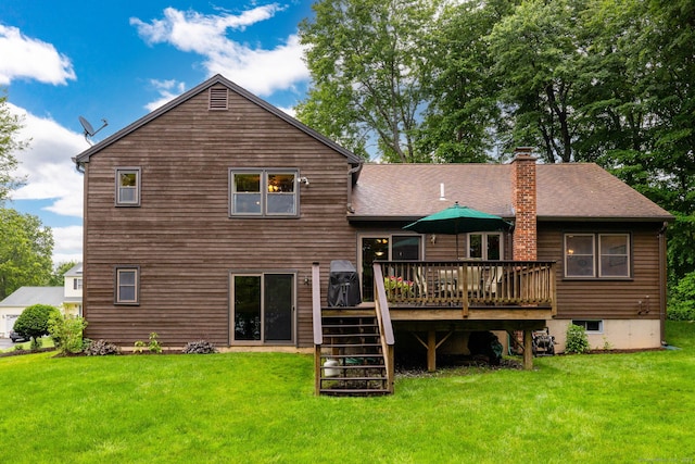 6 Old Sawmill Dr, Beacon Falls, CT 06403 - back of house with stairs, a deck, a yard, and a chimney