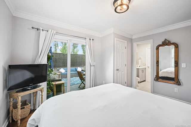 126 Sutton Dr E, Stamford, CT 06906 - bedroom with crown molding, access to outside, and ensuite bathroom
