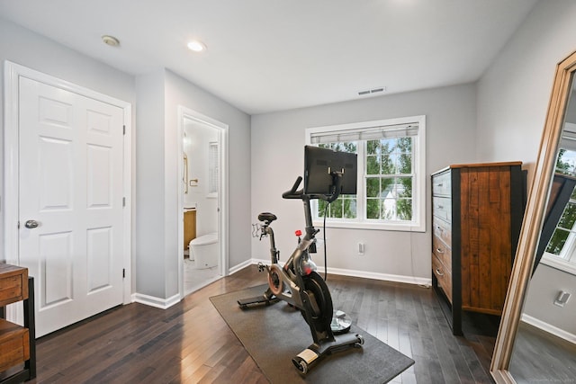 126 Sutton Dr E, Stamford, CT 06906 - workout room featuring dark wood-style flooring and recessed lighting