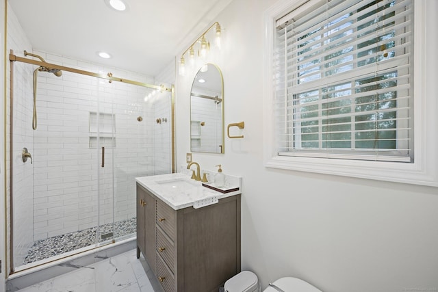126 Sutton Dr E, Stamford, CT 06906 - full bath with marble look tiles, vanity, a shower stall, and recessed lighting