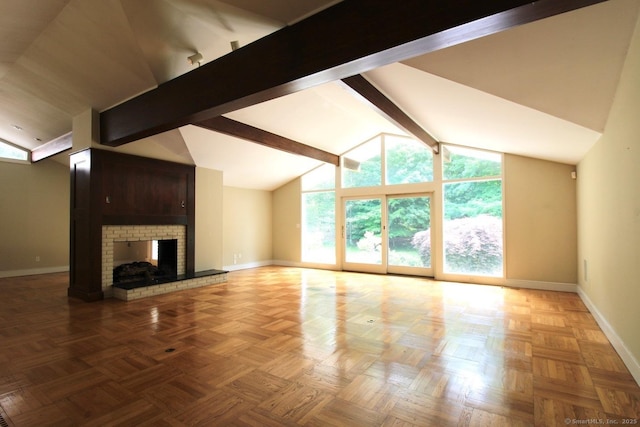 20 Shady Acres Rd, Darien, CT 06820 - unfurnished living room featuring beam ceiling, high vaulted ceiling, and a brick fireplace
