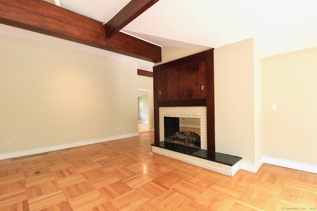 20 Shady Acres Rd, Darien, CT 06820 - unfurnished living room with a fireplace and beamed ceiling