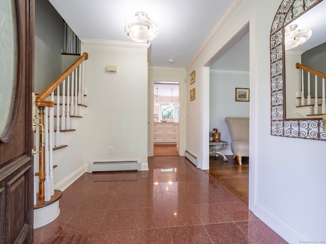 565 Danbury Rd, Wilton, CT 06897 - foyer with a baseboard heating unit, stairway, granite tiled floors, and ornamental molding