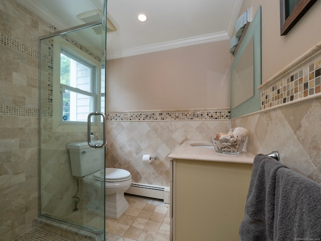 565 Danbury Rd, Wilton, CT 06897 - full bathroom featuring baseboard heating, tile walls, crown molding, vanity, and a shower stall