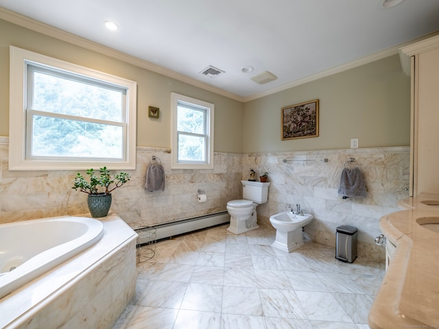 565 Danbury Rd, Wilton, CT 06897 - bathroom with baseboard heating, a bidet, a garden tub, crown molding, and recessed lighting