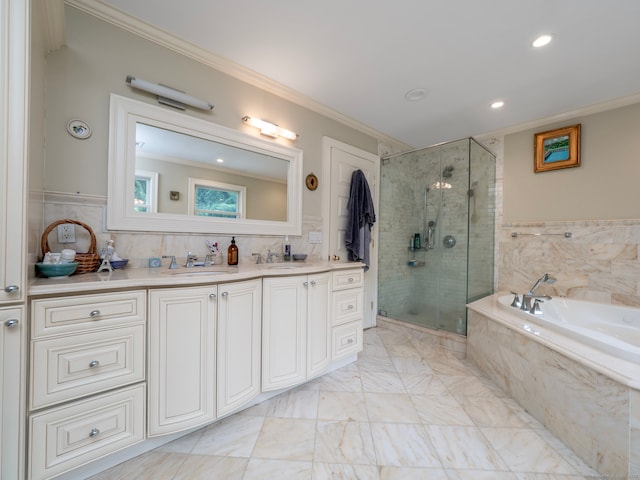 565 Danbury Rd, Wilton, CT 06897 - bathroom with crown molding, a shower stall, a garden tub, vanity, and tile walls