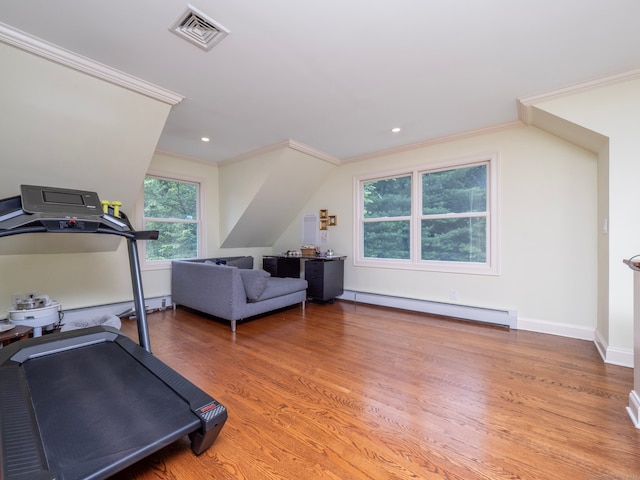 565 Danbury Rd, Wilton, CT 06897 - exercise area with a baseboard heating unit, ornamental molding, wood finished floors, and recessed lighting