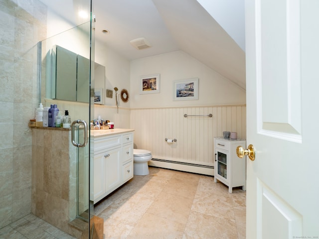 565 Danbury Rd, Wilton, CT 06897 - full bath featuring a baseboard heating unit, lofted ceiling, vanity, a shower stall, and wainscoting