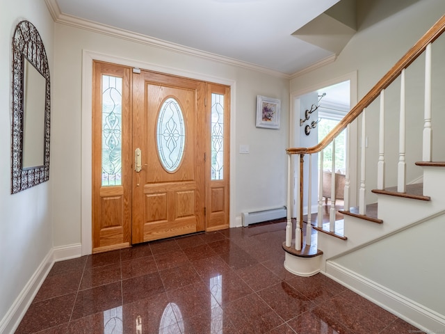565 Danbury Rd, Wilton, CT 06897 - foyer featuring baseboard heating, granite floors, stairs, and ornamental molding
