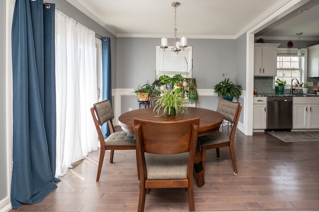 5 Pope St, New Haven, CT 06512 - dining space with a chandelier, dark wood-type flooring, and ornamental molding