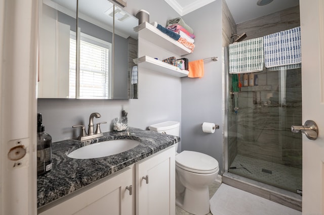5 Pope St, New Haven, CT 06512 - bathroom featuring a stall shower, ornamental molding, and vanity