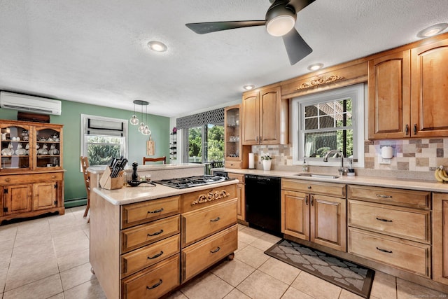 35 Twelve Acre Ln, Glastonbury, CT 06033 - kitchen with dishwasher, an AC wall unit, a textured ceiling, gas cooktop, and backsplash