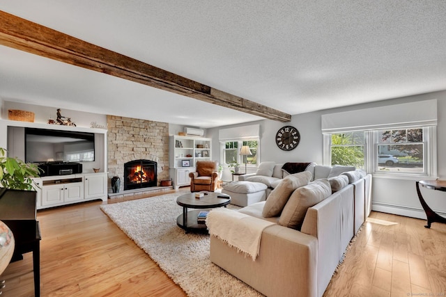 35 Twelve Acre Ln, Glastonbury, CT 06033 - living area with light wood-style flooring, beamed ceiling, a stone fireplace, a baseboard radiator, and a textured ceiling