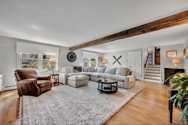 35 Twelve Acre Ln, Glastonbury, CT 06033 - living area featuring stairs, a textured ceiling, light wood finished floors, beamed ceiling, and a baseboard radiator