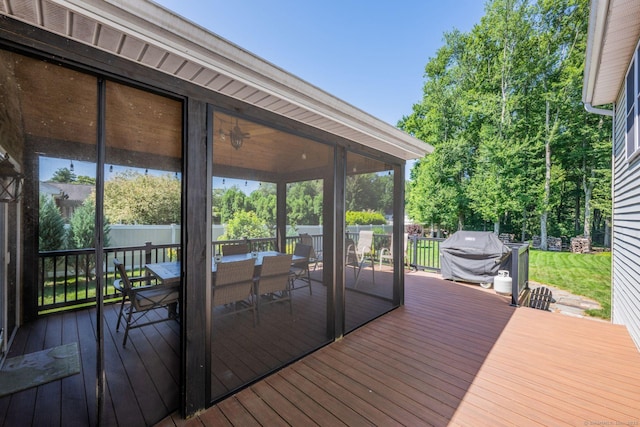 35 Twelve Acre Ln, Glastonbury, CT 06033 - wooden deck with outdoor dining area, grilling area, and a sunroom