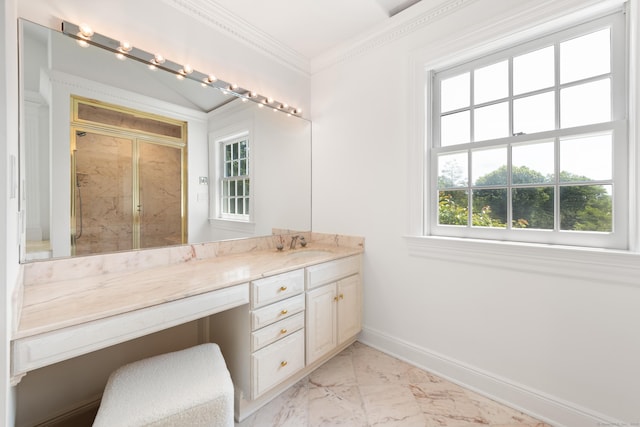 34 Edgewood Dr, Greenwich, CT 06831 - full bath featuring vanity, a marble finish shower, marble finish flooring, and crown molding