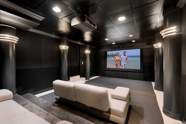 34 Edgewood Dr, Greenwich, CT 06831 - cinema with decorative columns, recessed lighting, and carpet flooring
