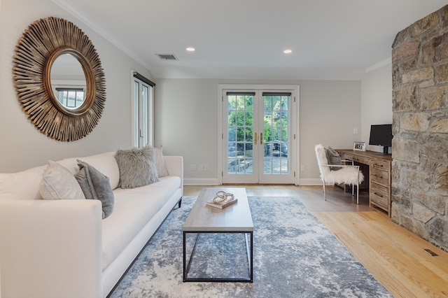 182 Bennetts Farm Rd, Ridgefield, CT 06877 - living room featuring wood finished floors, an office area, crown molding, french doors, and recessed lighting