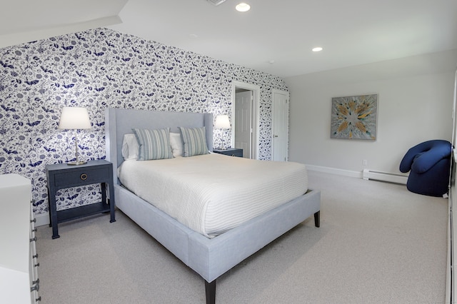 182 Bennetts Farm Rd, Ridgefield, CT 06877 - bedroom featuring wallpapered walls, carpet flooring, recessed lighting, and a baseboard heating unit