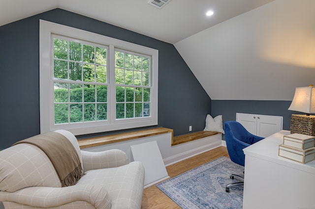 182 Bennetts Farm Rd, Ridgefield, CT 06877 - office area with lofted ceiling, recessed lighting, and wood finished floors