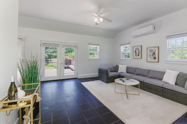 182 Bennetts Farm Rd, Ridgefield, CT 06877 - living room featuring an AC wall unit, plenty of natural light, french doors, dark tile patterned floors, and lofted ceiling