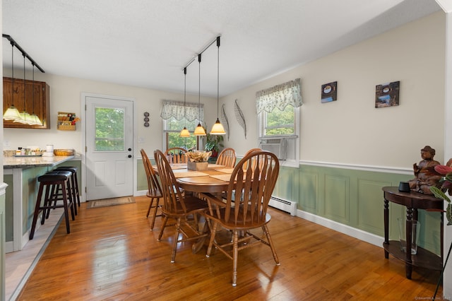 135 Liberty St Unit 135, Clinton, CT 06413 - dining space featuring rail lighting, healthy amount of natural light, wainscoting, light wood finished floors, and a baseboard radiator